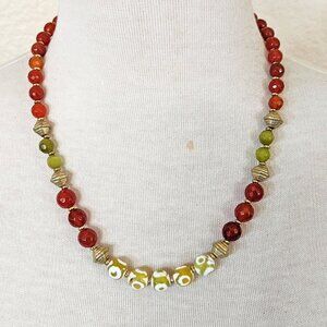 Southwestern Burnt Orange Carnelian & Lime Green Evil Eye Agate Strand Necklace